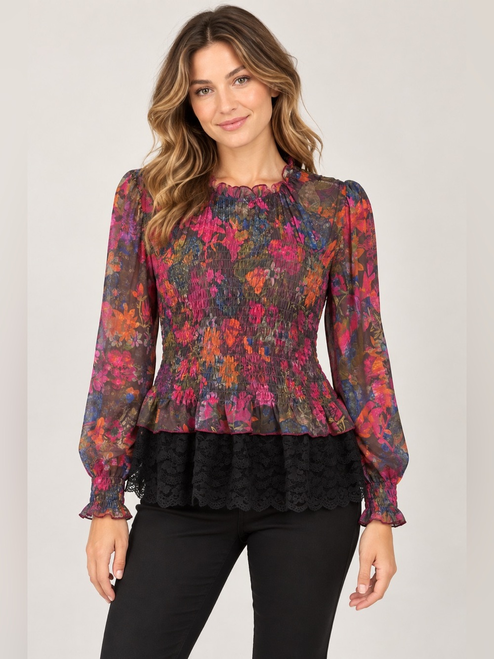 Natural Life Juliana Mesh Smocked Top - Dark Floral Garden Boho Blouse L